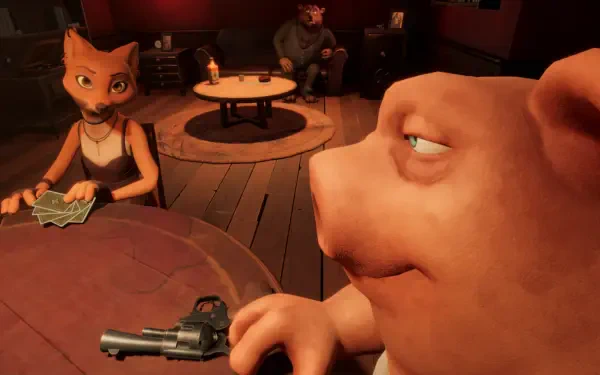 A scene from the video game Liars Bar featuring anthropomorphic characters in a dimly lit setting, with a focus on a pig character holding a gun and a fox character at a table.
