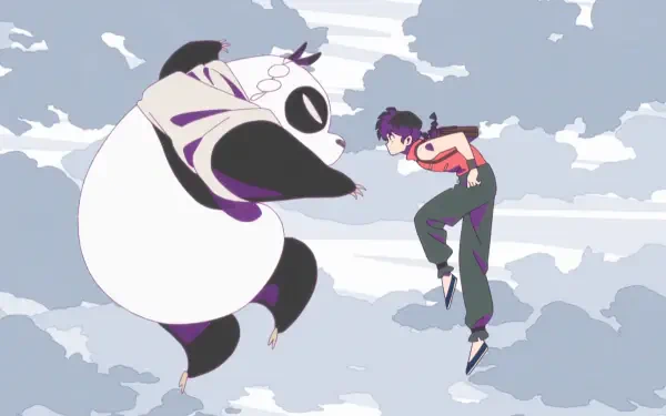 HD PC desktop wallpaper featuring Ranma Saotome from the anime Ranma ½ facing a giant panda amid a cloudy sky backdrop.