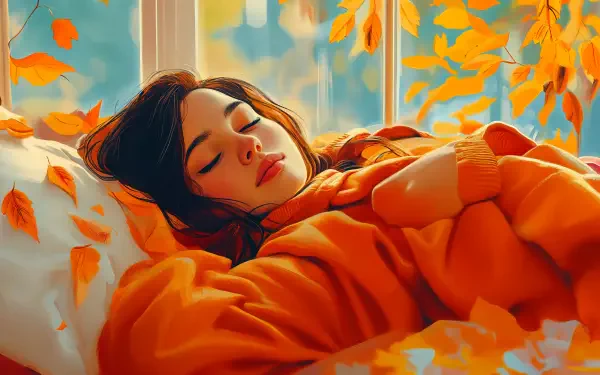 A serene autumn scene featuring a woman peacefully sleeping in a cozy orange sweater surrounded by vibrant fall leaves, creating a warm, tranquil atmosphere. 4K Ultra HD wallpaper.