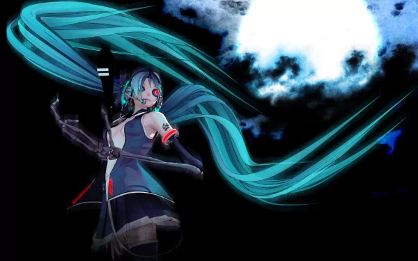 Dark anime HD PC desktop wallpaper: Vocaloid Hatsune Miku with flowing teal twin-tails and robotic arm silhouetted against a moonlit storm.