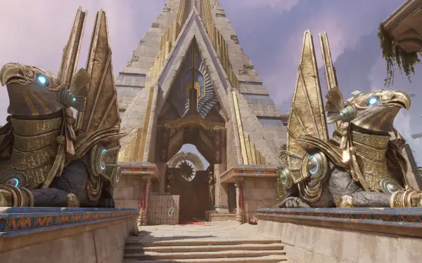 A stunning HD desktop wallpaper featuring an imposing temple structure adorned with eagle statues, set in a vibrant, fantasy-inspired landscape from the game FragPunk.