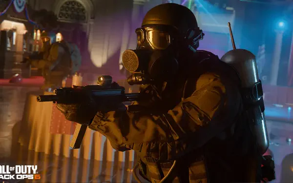 A character in tactical gear, wearing a gas mask and holding a weapon, is poised for action in this 4K Ultra HD wallpaper from Call of Duty: Black Ops 6.