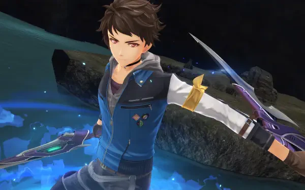 An HD desktop wallpaper from the video game The Legend of Heroes: Trails through Daybreak II, featuring a character in dynamic action, wielding dual weapons against a dramatic background.