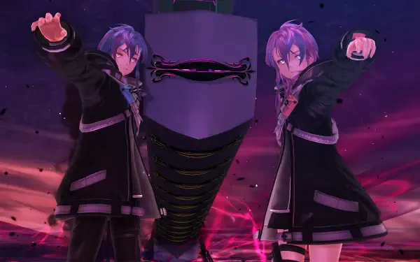 A visually striking HD wallpaper from the video game The Legend of Heroes: Trails through Daybreak II, featuring two characters in dark attire with a dramatic backdrop.