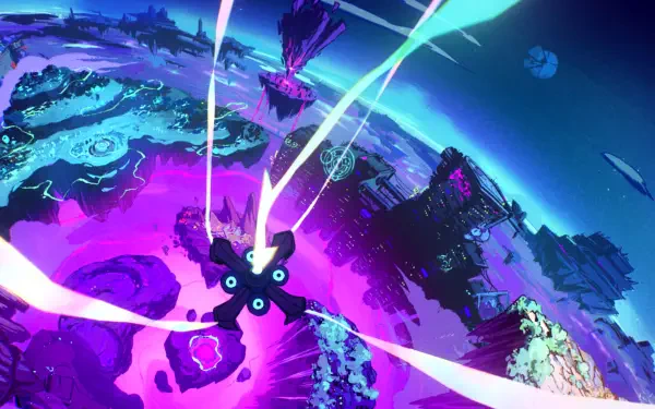 Colorful HD wallpaper featuring a vibrant alien landscape from the video game Supervive, showcasing dynamic lighting and surreal formations against a cosmic backdrop.