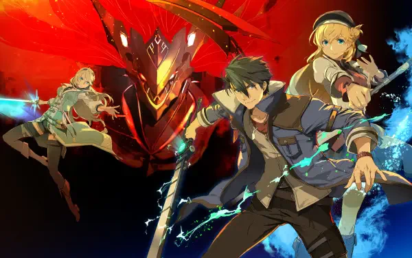 Dynamic wallpaper featuring characters from The Legend of Heroes: Trails through Daybreak II, showcasing vibrant action against a dramatic backdrop with striking colors.