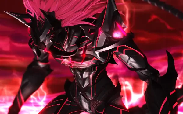 A striking HD wallpaper from The Legend of Heroes: Trails through Daybreak II, featuring a powerful character in dark armor with vibrant pink accents against a dramatic red background.