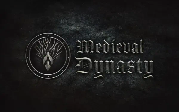 HD PC desktop wallpaper featuring the dark, metallic Medieval Dynasty video game logo with an emblem of a tree and stag on a textured black background.