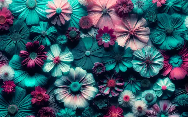 A vibrant array of pressed flowers in shades of pink, teal, and white, creating a stunning 4K Ultra HD desktop wallpaper and background.