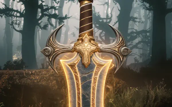 A beautifully designed legendary sword with intricate details and glowing accents, set against a misty forest backdrop. This striking image serves as a captivating 4K Ultra HD desktop wallpaper.