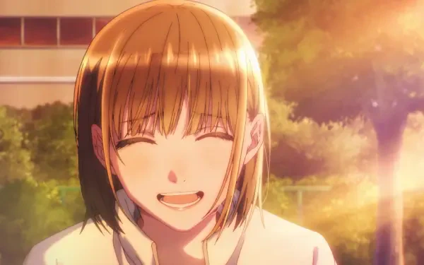 HD anime desktop wallpaper featuring Chinatsu Kano from Blue Box, smiling warmly in a sunlit outdoor setting.