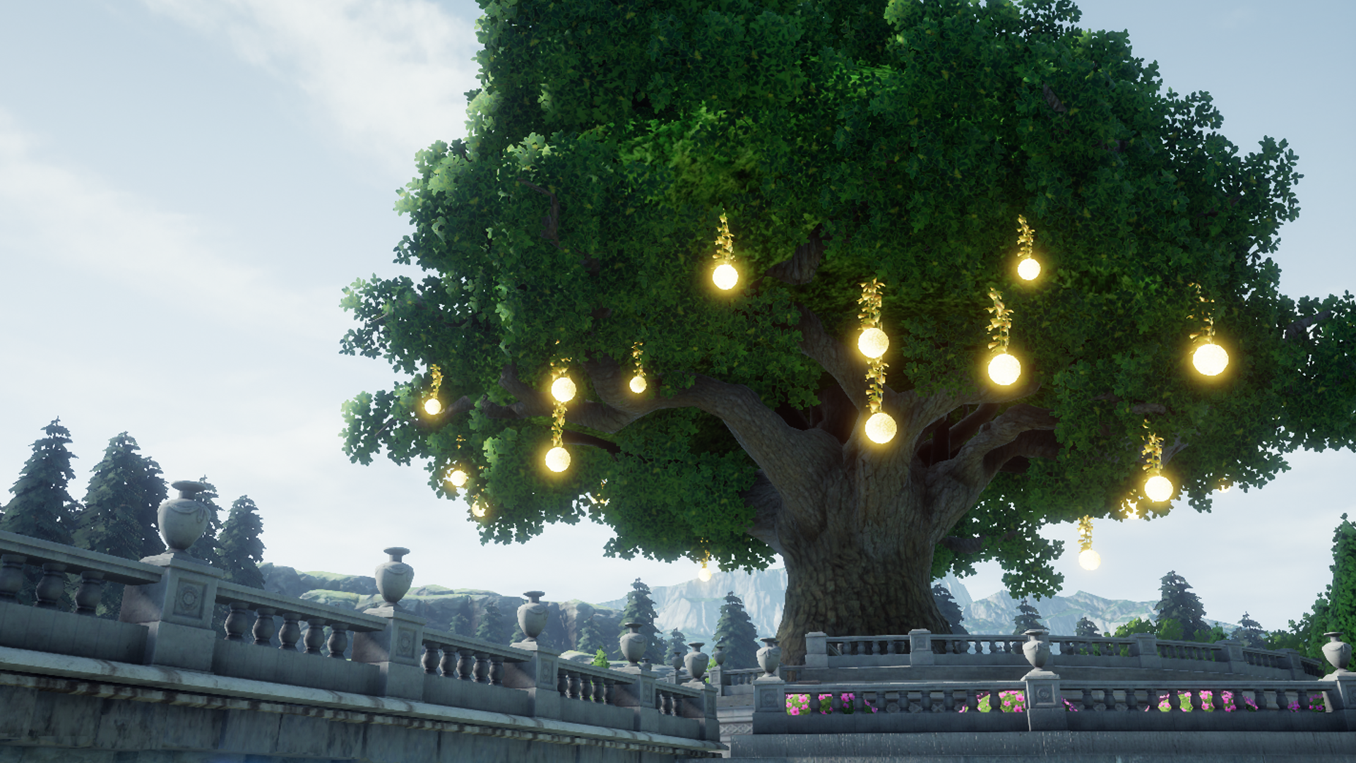 A vibrant HD wallpaper from Romancing SaGa 2: Revenge of the Seven, featuring a majestic tree adorned with glowing orbs, set against a serene landscape.