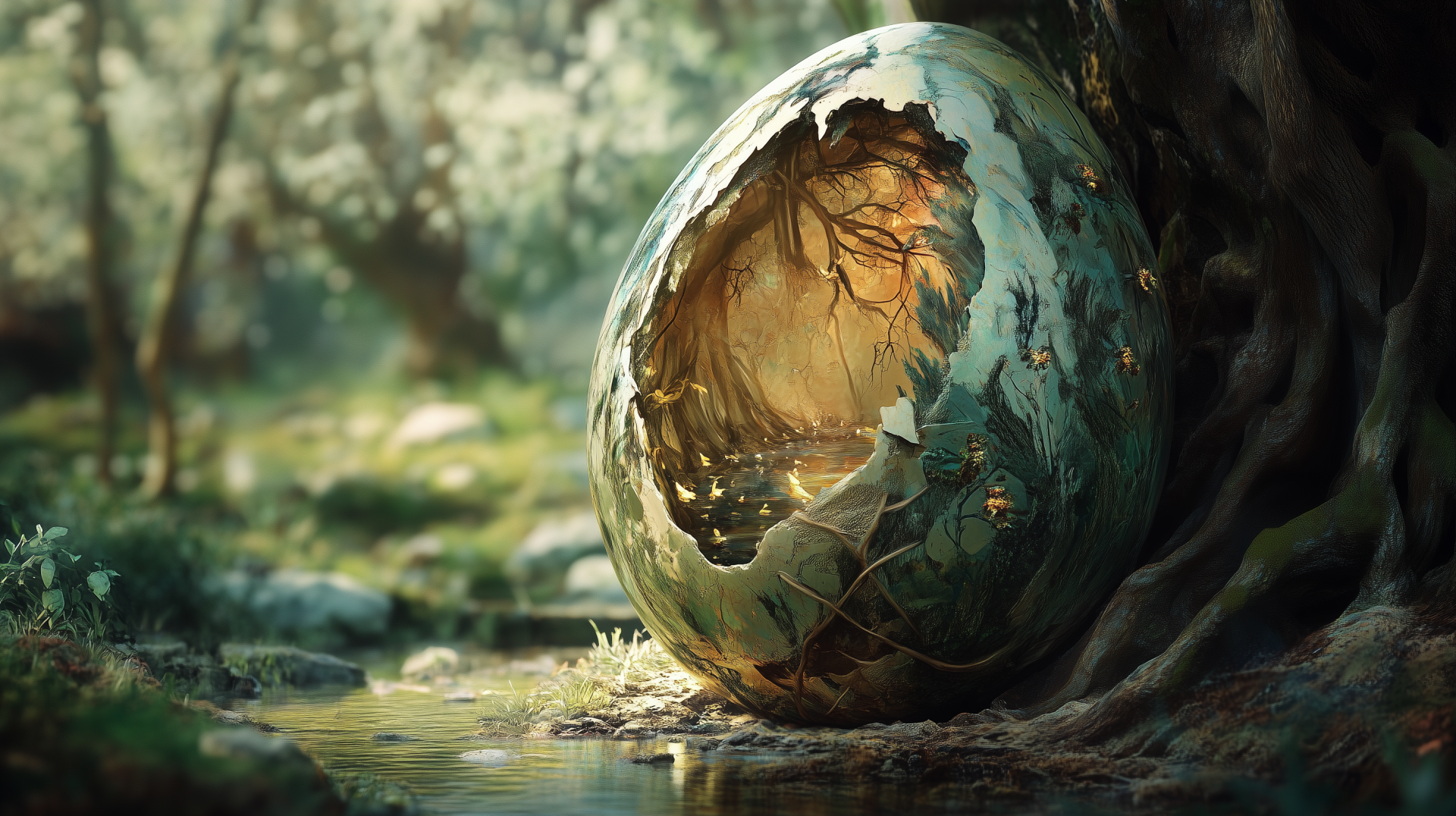 A fantasy-themed HD desktop wallpaper depicting a large, cracked egg nestled by a serene stream, illuminated by soft light and surrounded by lush greenery.