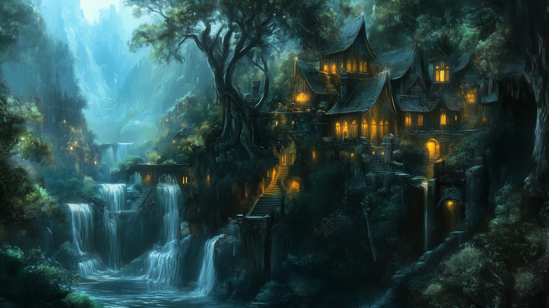 A mystical elven city nestled among lush greenery, featuring illuminated buildings and cascading waterfalls, creating a serene fantasy atmosphere. HD PC desktop wallpaper and background.