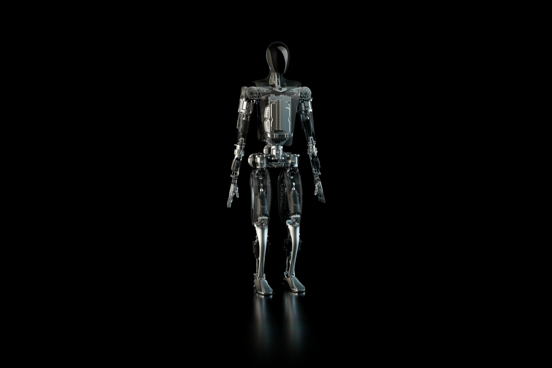 4K Ultra HD desktop wallpaper featuring Tesla Optimus robot, also known as Tesla Bot, standing against a black background with reflective surface.