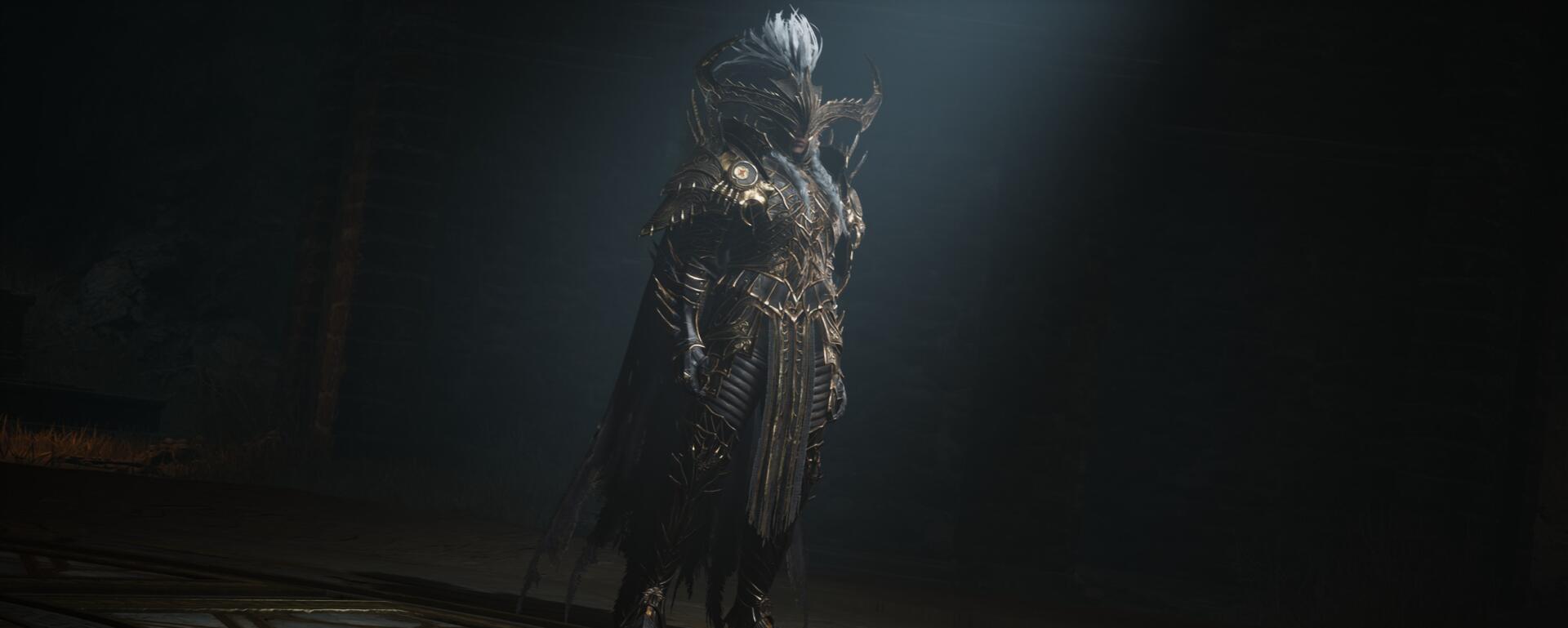 A powerful character stands in shadow, adorned in intricate armor, from the video game Throne and Liberty. This HD PC desktop wallpaper captures a striking fantasy scene.