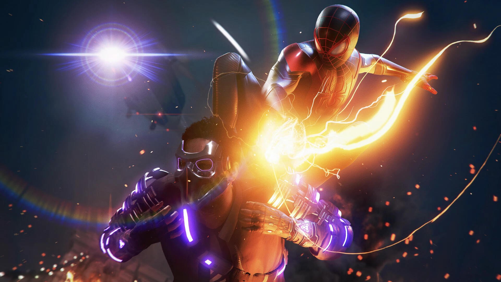 4K Ultra HD PC desktop wallpaper featuring Marvel's Spider-Man: Miles Morales in dynamic action, showcasing vibrant energy effects and intense lighting.