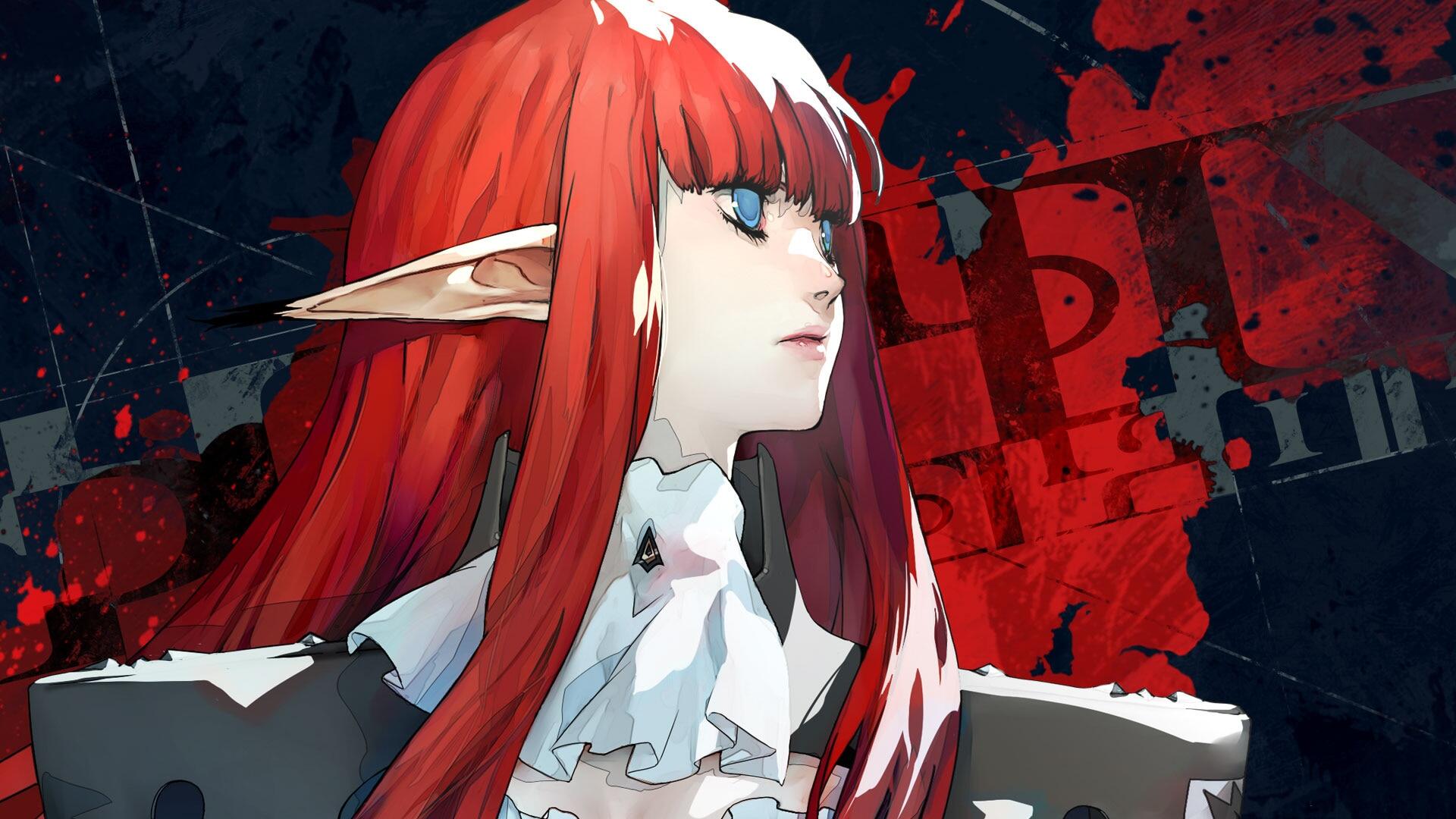 A striking HD desktop wallpaper from the video game Metaphor: ReFantazio, featuring a young woman with red hair and pointed ears, set against a dynamic, colorful background.