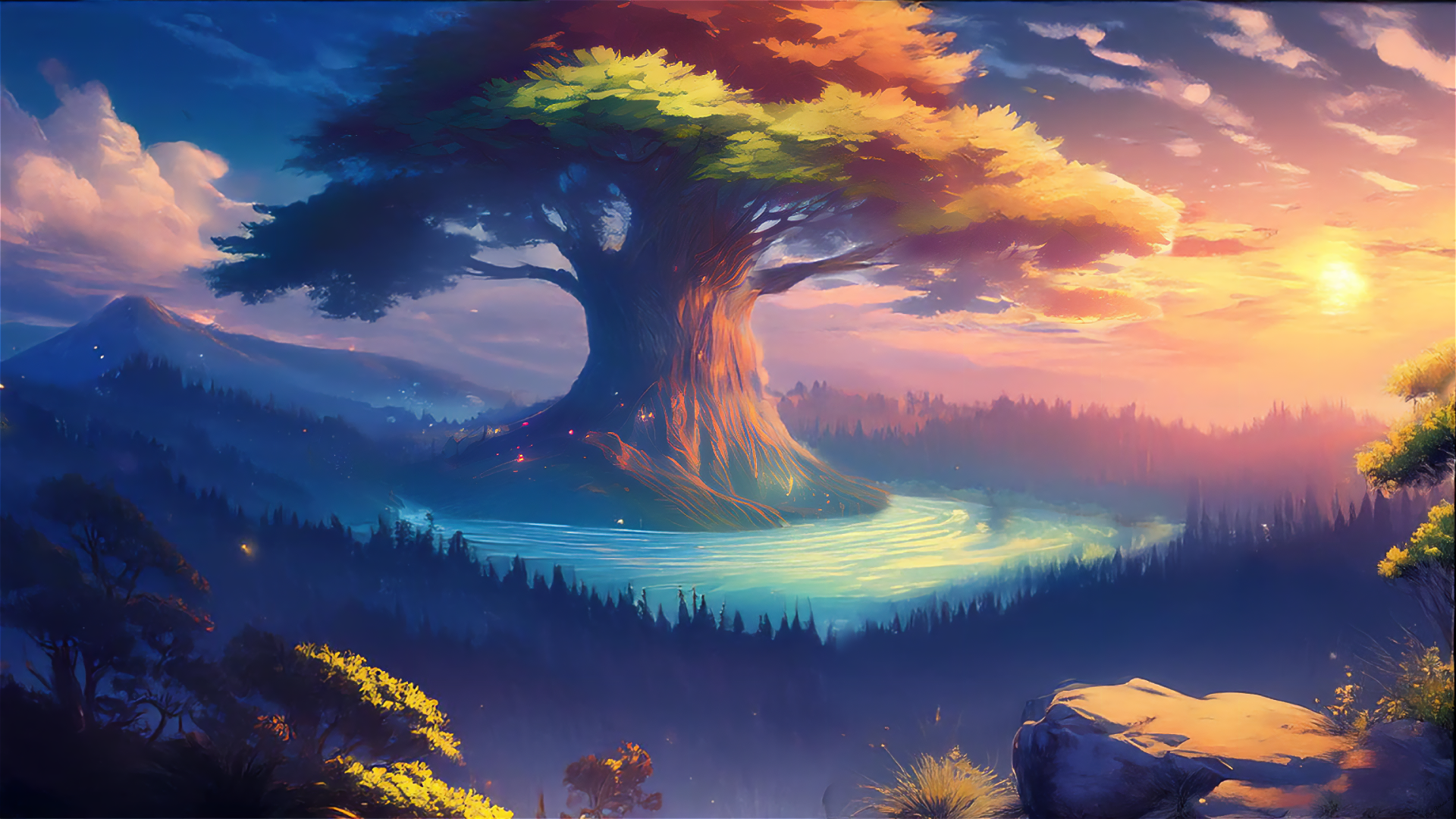 A vibrant 4K Ultra HD anime fantasy landscape featuring a massive tree illuminated by a glowing sunset, surrounded by misty hills and a serene lake.