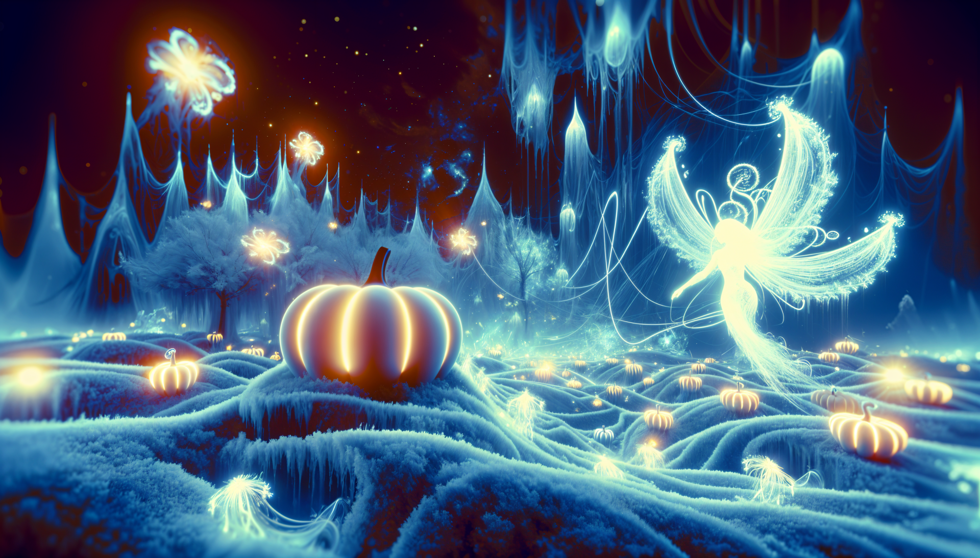 A captivating 4K Ultra HD wallpaper featuring an ethereal landscape with glowing pumpkins, luminescent flora, and a delicate fairy, all under a starry night sky.