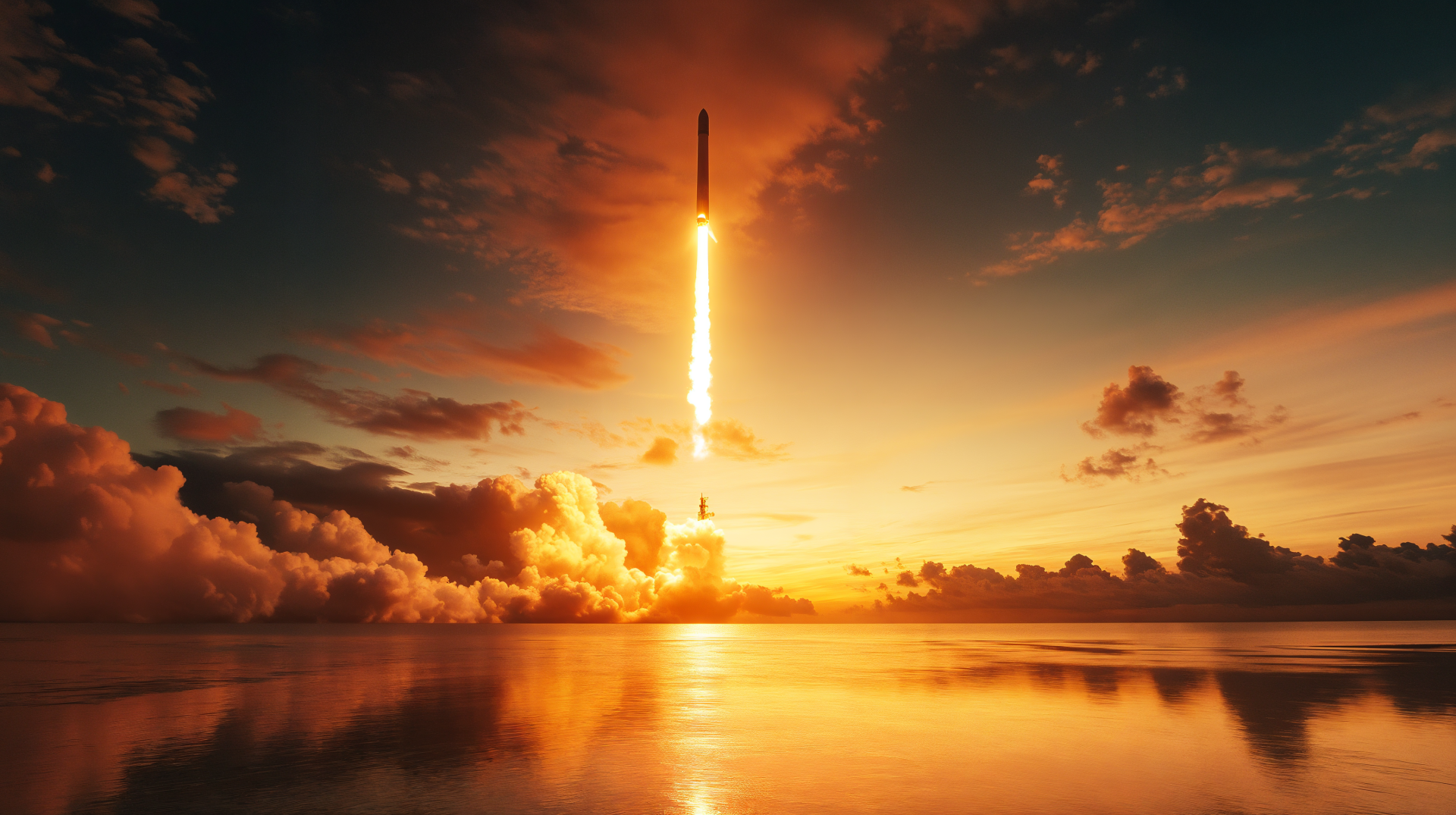 A stunning rocket launch against a vibrant sunset, reflected in calm waters, showcased in 4K Ultra HD. A dynamic scene capturing the excitement of space exploration.