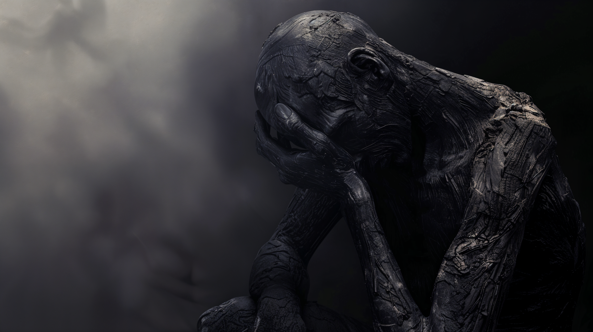 A dark, abstract figure sits in a contemplative pose, conveying deep sadness, set against a smoky background. This striking image serves as a 4K Ultra HD PC desktop wallpaper.