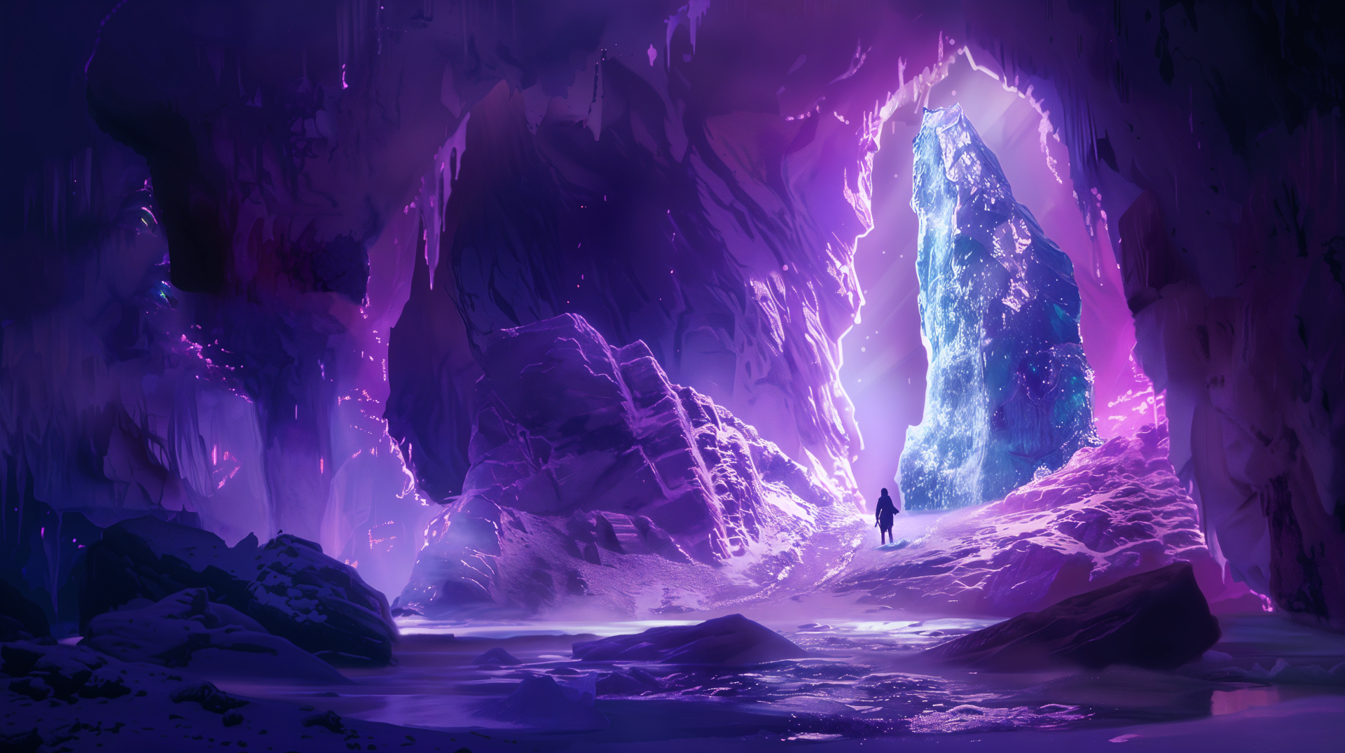 A breathtaking ice cave with vibrant purple and blue hues, featuring a lone figure standing near a shimmering ice arch. This visually stunning scene serves as a 4K Ultra HD desktop wallpaper.