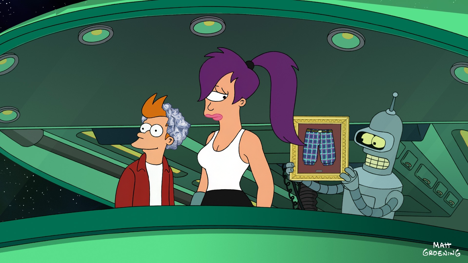 Bender, Fry, and Leela from Futurama stand together in a spaceship, with Bender holding a framed picture of pants. An engaging scene from the animated TV show as a HD wallpaper.