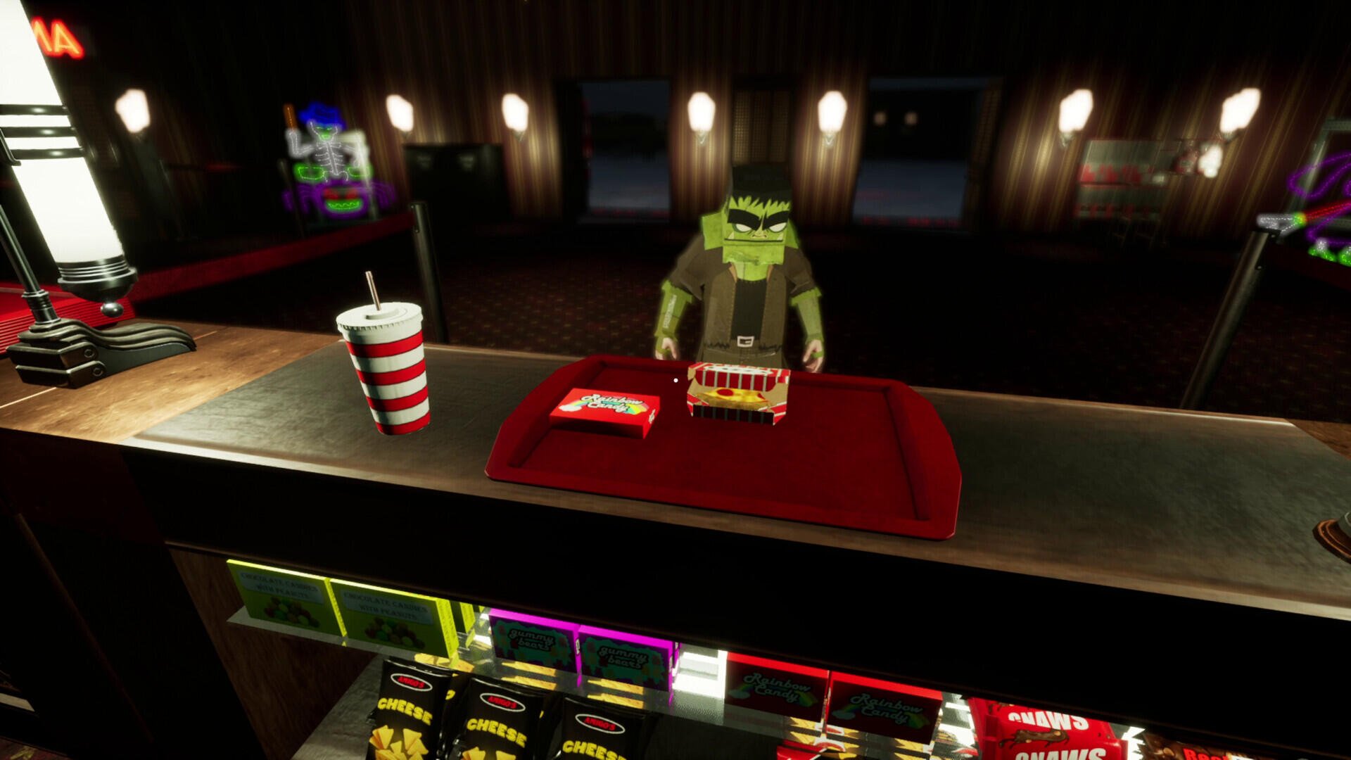 A vibrant HD wallpaper from the video game Massacre At The Mirage, featuring a character at a concession stand with snacks and drinks in a lively arcade setting.