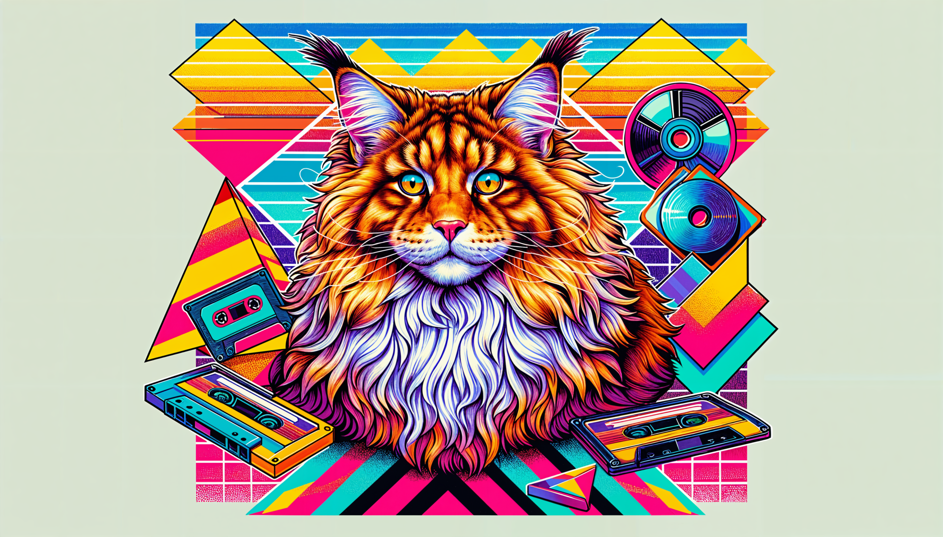 A vibrant, stylized illustration of a Maine Coon cat, featuring bold colors and geometric patterns, combined with retro cassette tapes and CDs, designed as a 4K Ultra HD desktop wallpaper.