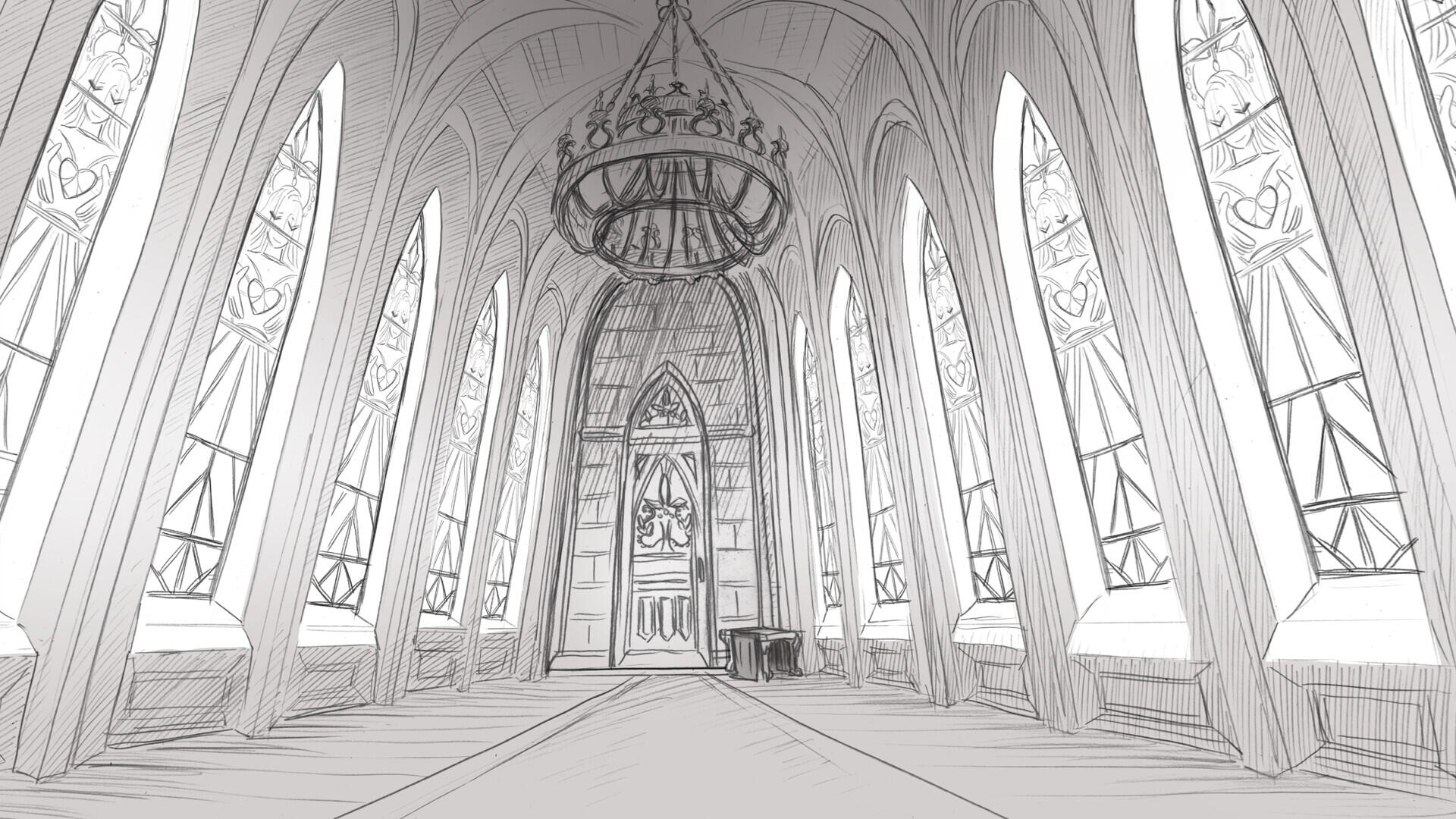 A monochromatic, hand-drawn interior of a grand hall featuring tall arches, intricate windows, and an ornate chandelier, inspired by the video game Slay the Princess — The Pristine Cut.