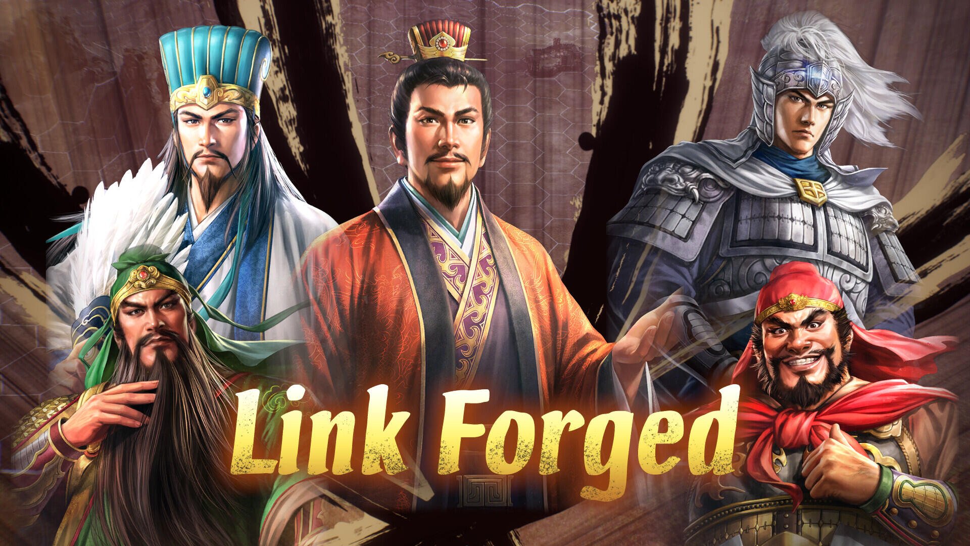 A high-definition desktop wallpaper featuring characters from the video game Romance of the Three Kingdoms 8 (Remake), with the title Link Forged prominently displayed.