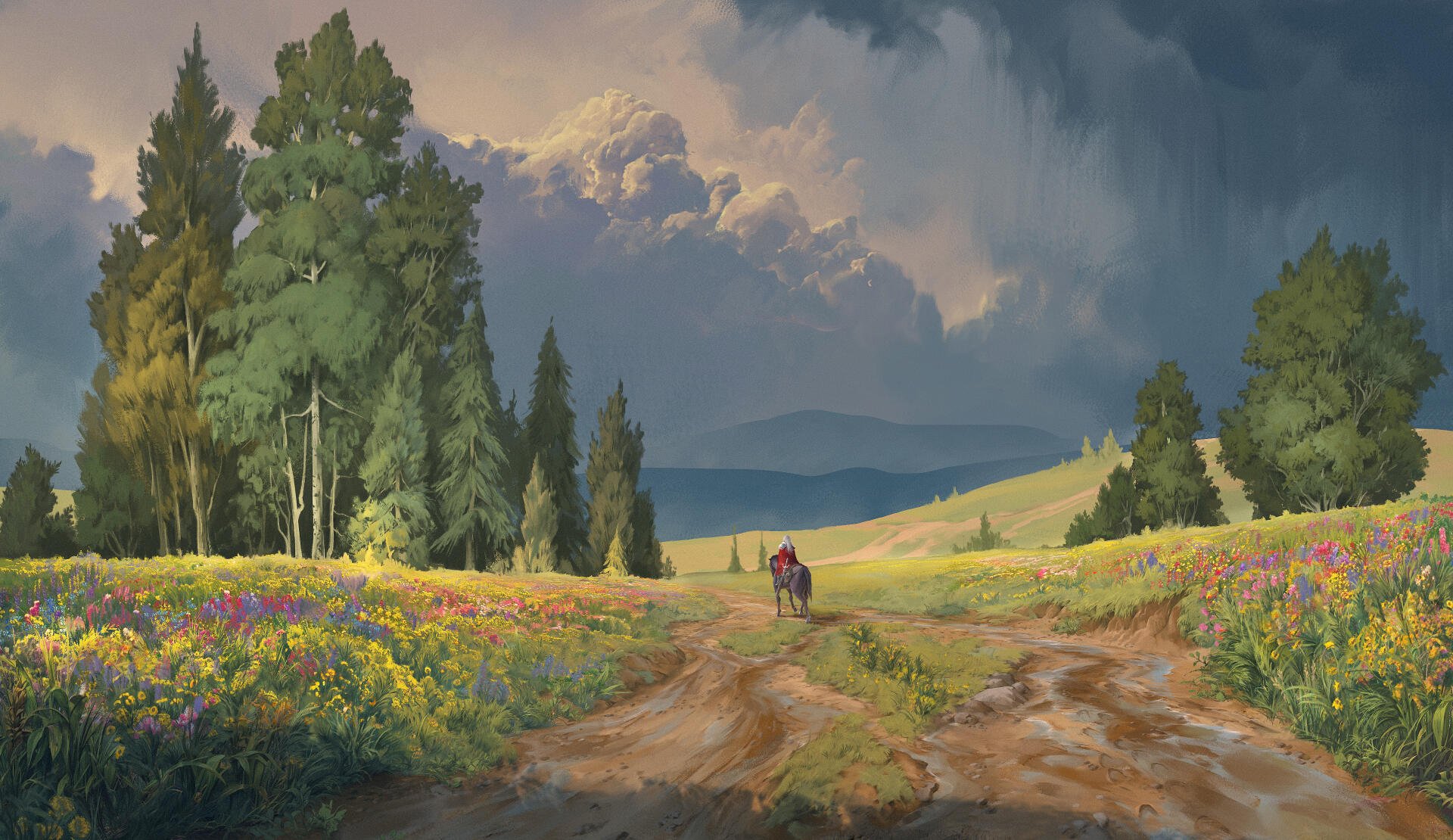 Artistic 4K Ultra HD wallpaper depicting a rider on horseback crossing a vibrant field beneath a dramatic sky, blending nature and motion in a serene landscape.