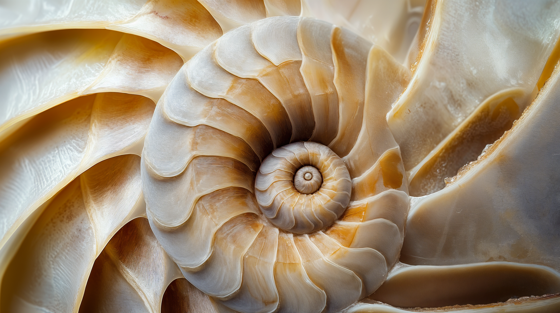 A detailed close-up of a nautilus shell showcasing a Fibonacci spiral, featuring soft beige tones, designed as a 4K Ultra HD desktop wallpaper and background.