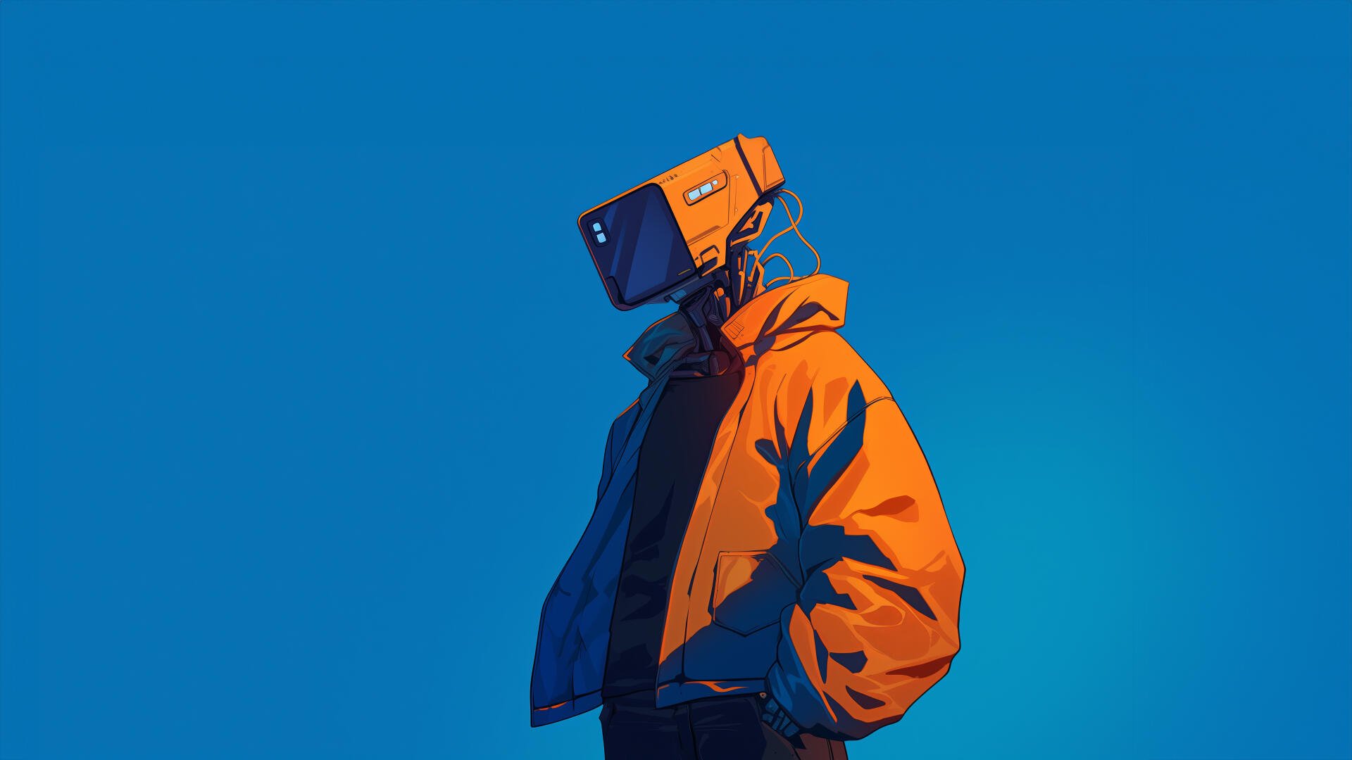 A stylized anime character wearing a bright orange jacket and a monitor for a head stands against a vibrant blue background, creating an artistic 4K Ultra HD desktop wallpaper.