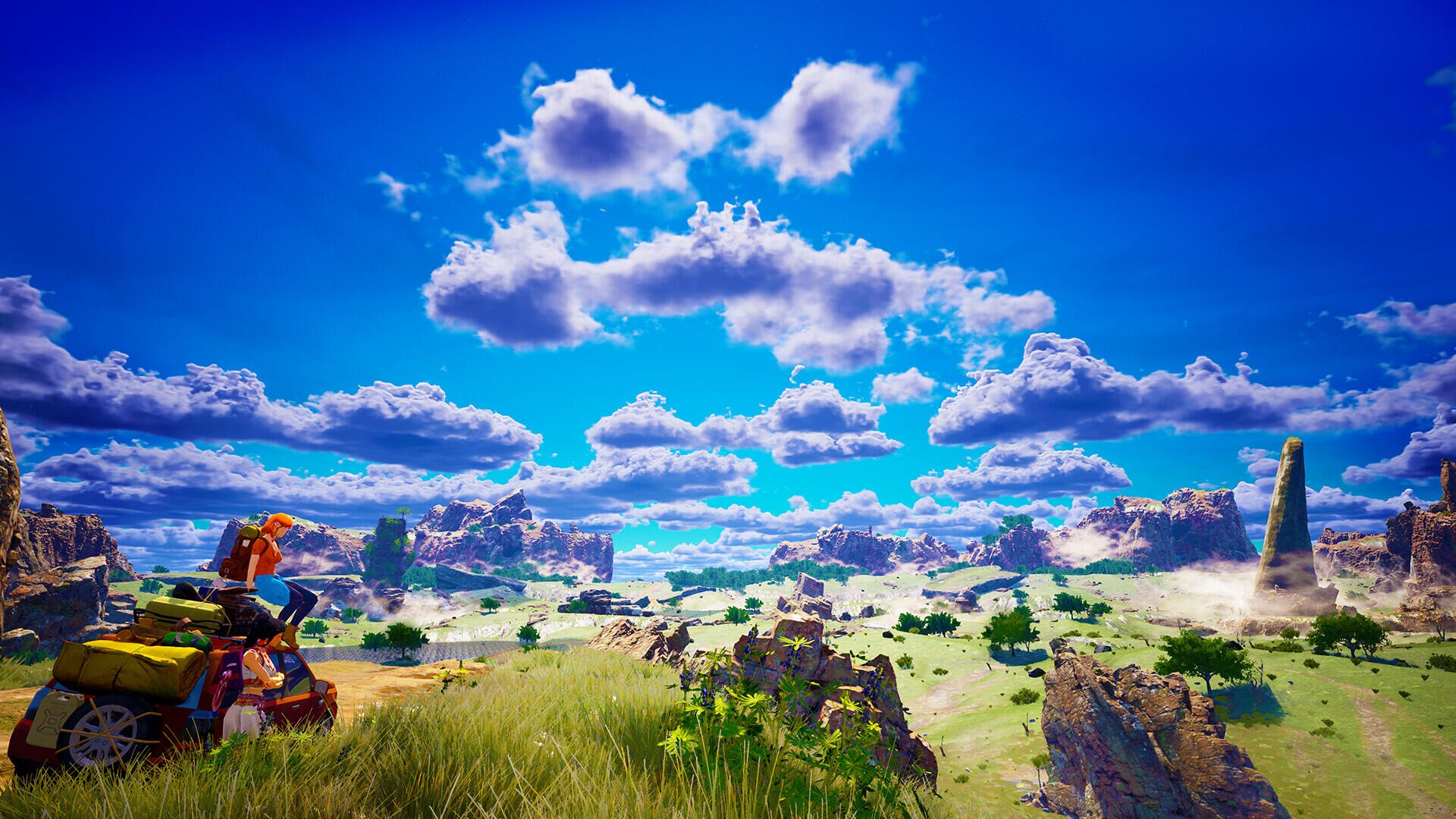 A vibrant HD PC desktop wallpaper featuring a stunning landscape from the video game Albatroz, showcasing lush greenery, rocky formations, and a bright blue sky dotted with clouds.