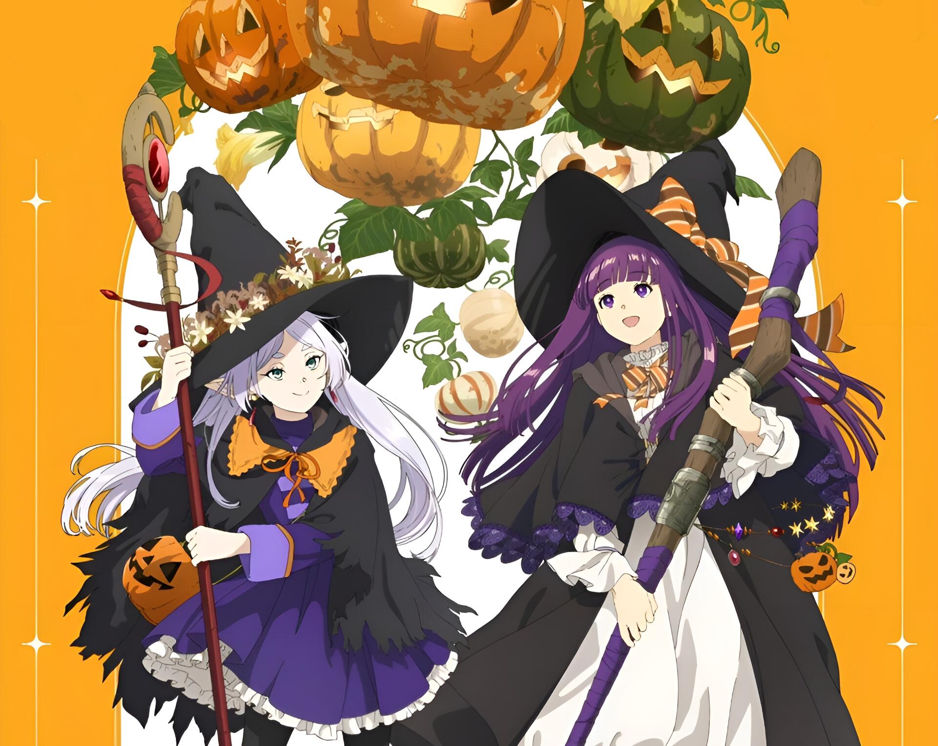 HD anime wallpaper featuring Frieren and Fern from Frieren: Beyond Journey's End dressed as witches with pumpkins and stars on a vibrant orange background.