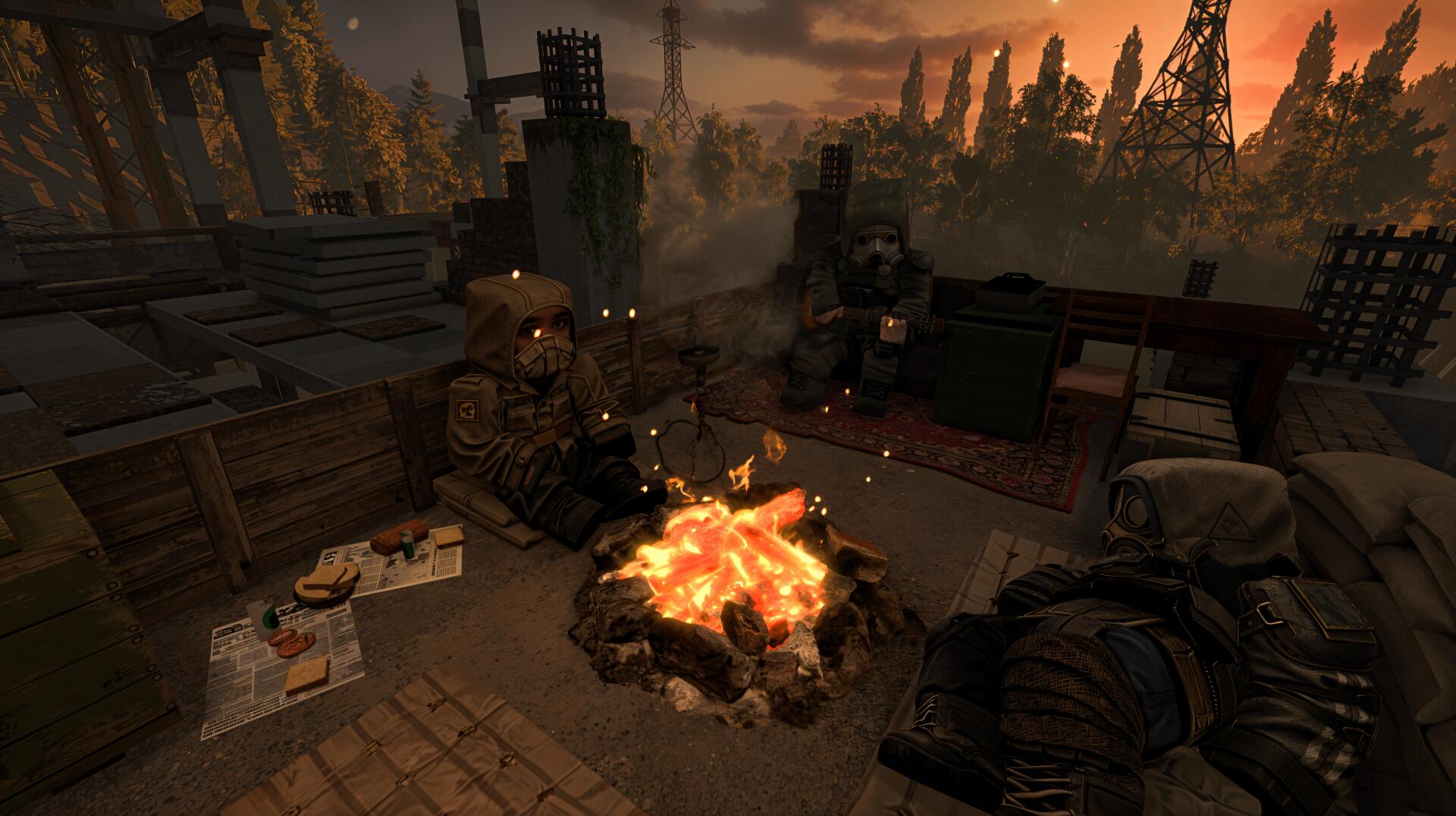 A serene moment in STALCRAFT: X, showcasing characters gathered around a campfire at dusk, surrounded by an industrial landscape under a vibrant sky, captured in 4K Ultra HD.