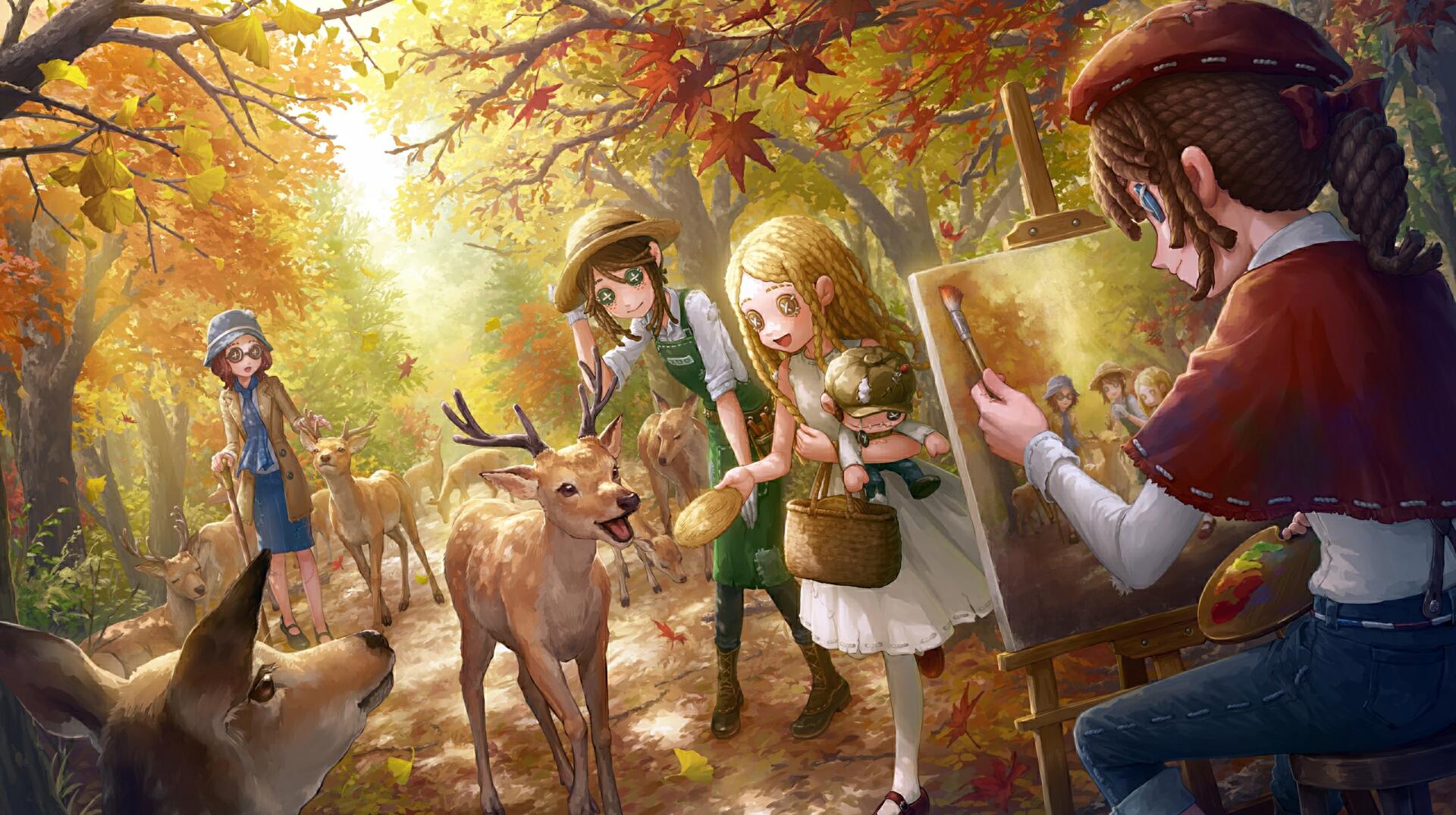 HD PC desktop wallpaper featuring characters from the video game Identity V interacting with deer in an autumn forest setting.