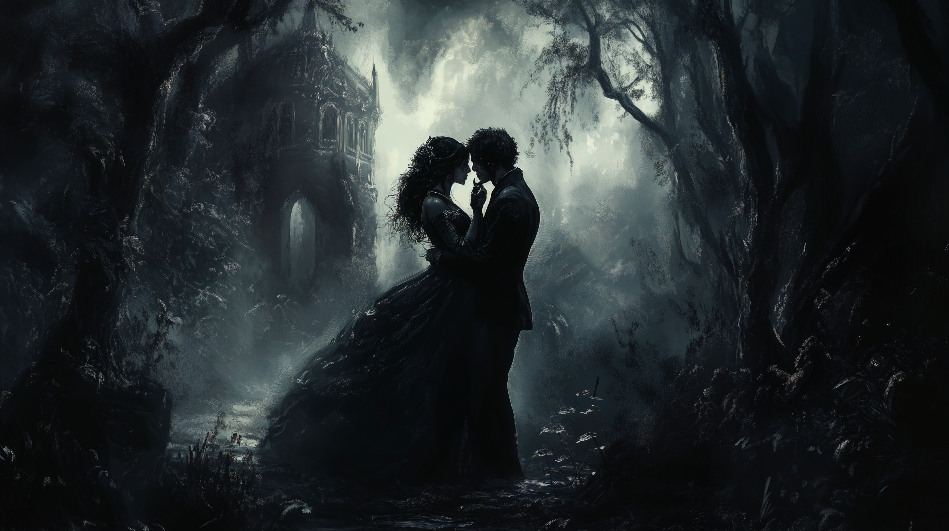 A romantic couple shares an intimate moment in a shadowy forest, embodying dark romance against a haunting backdrop of an eerie, dimly lit castle. 4K Ultra HD wallpaper.