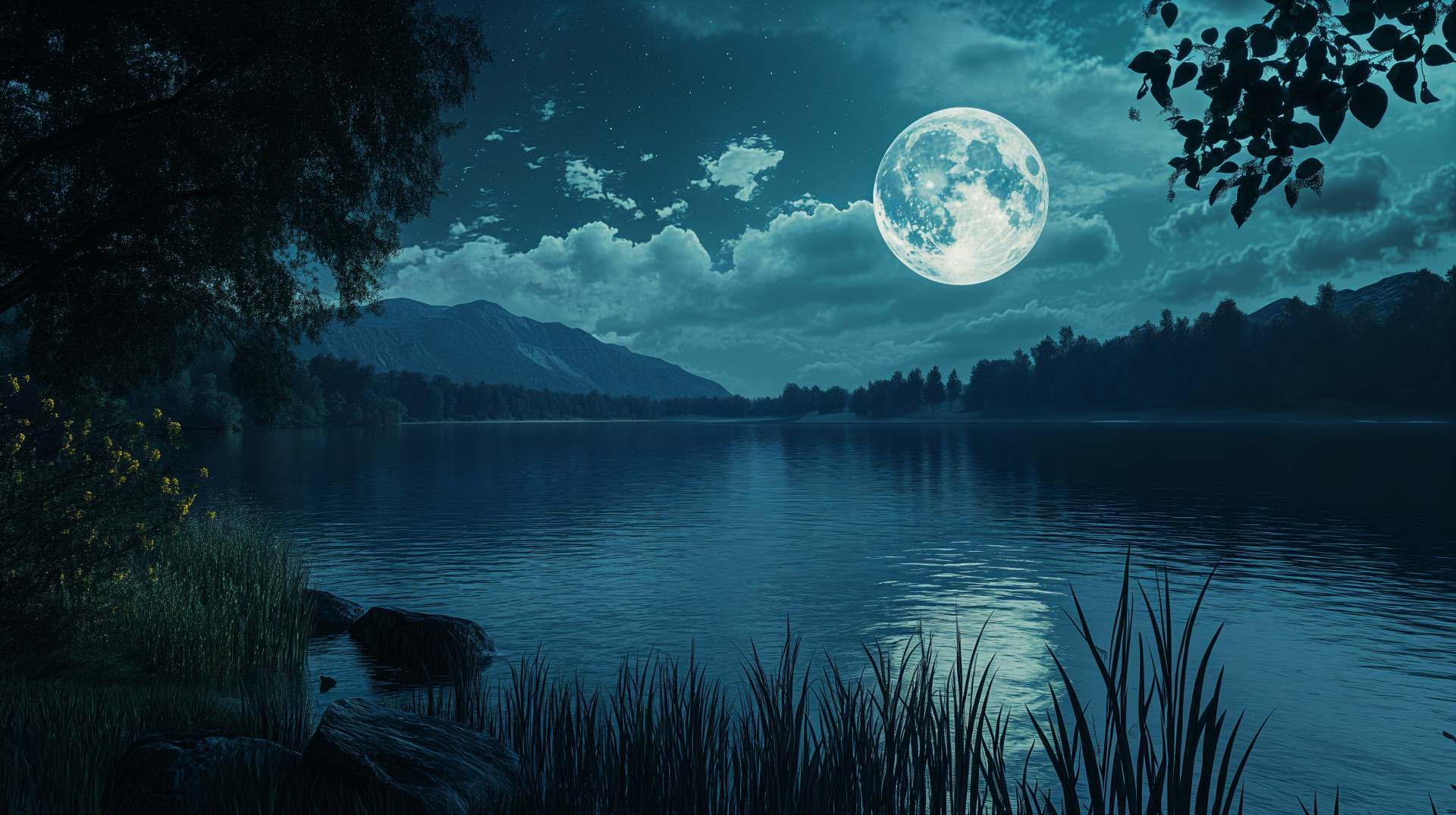 A tranquil moonlit lake scene, featuring a bright full moon reflecting on the water, surrounded by mountains and lush foliage, captured in stunning 4K Ultra HD quality.