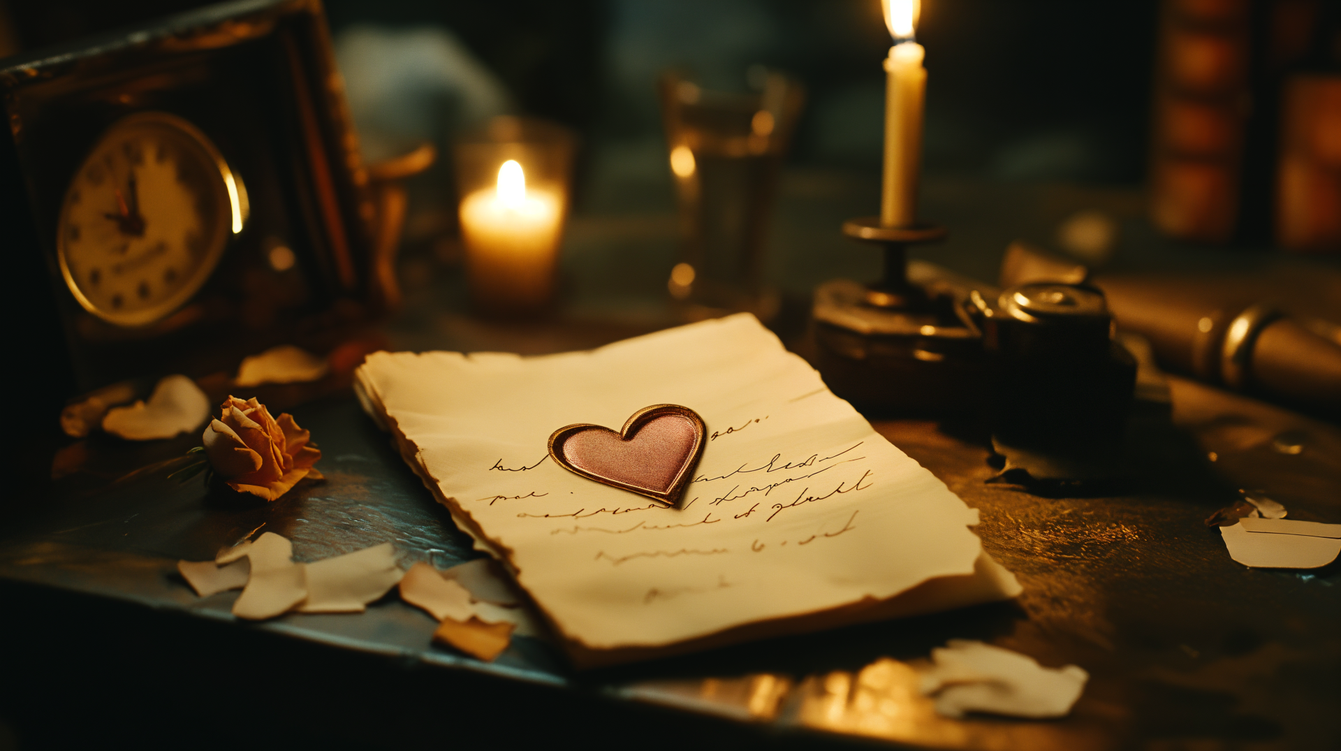 A serene love letter rests on a dimly lit table, accompanied by candles and delicate petals, creating an intimate atmosphere. 4K Ultra HD desktop wallpaper and background.