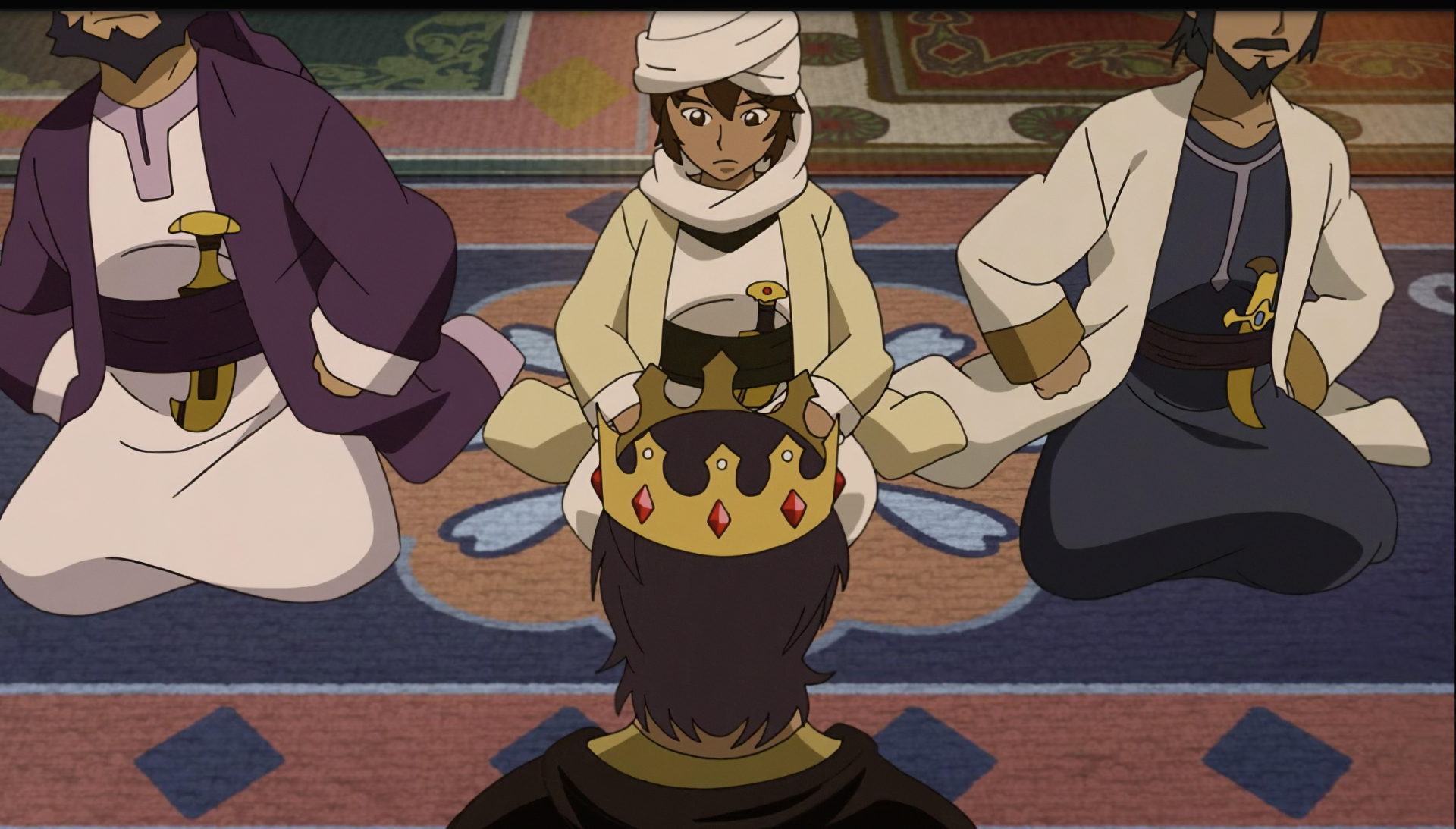 Anime scene from Future Folktales showing a character placing a crown on another seated figure, featured as an HD PC desktop wallpaper and background.