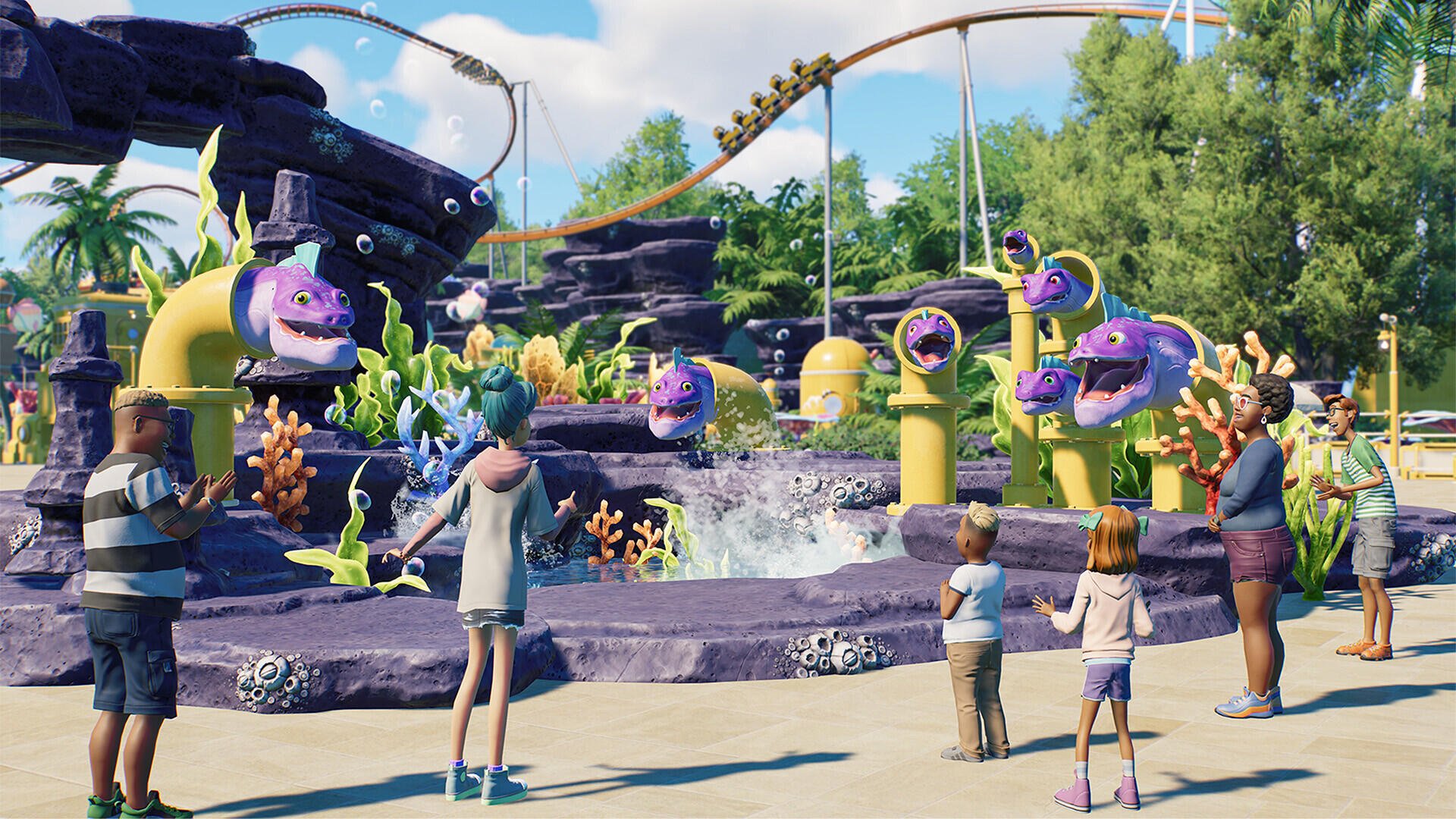 A vibrant scene from Planet Coaster 2 featuring colorful rides, playful creatures, and excited visitors, set against a backdrop of lush landscapes and a roller coaster.