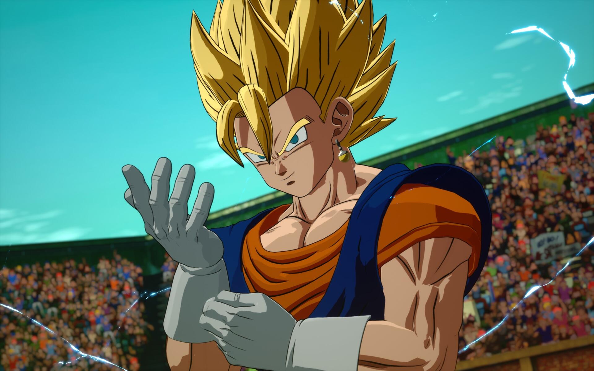 High-definition wallpaper featuring Vegito in Super Saiyan form from DRAGON BALL: Sparking! ZERO, showcasing intense energy in a vibrant stadium setting.