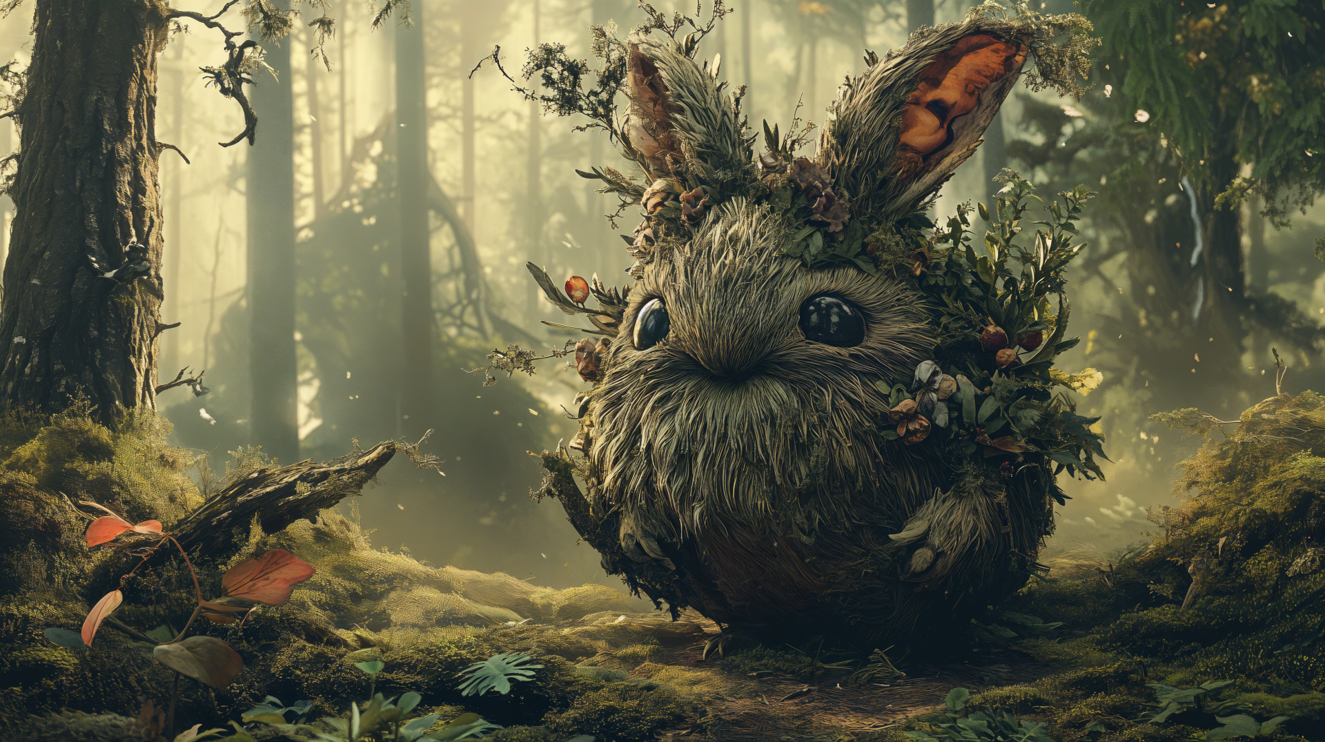 A whimsical woodland creature with fluffy fur and large eyes sits amidst lush greenery in a serene forest, captured in stunning 4K Ultra HD detail for a magical atmosphere.