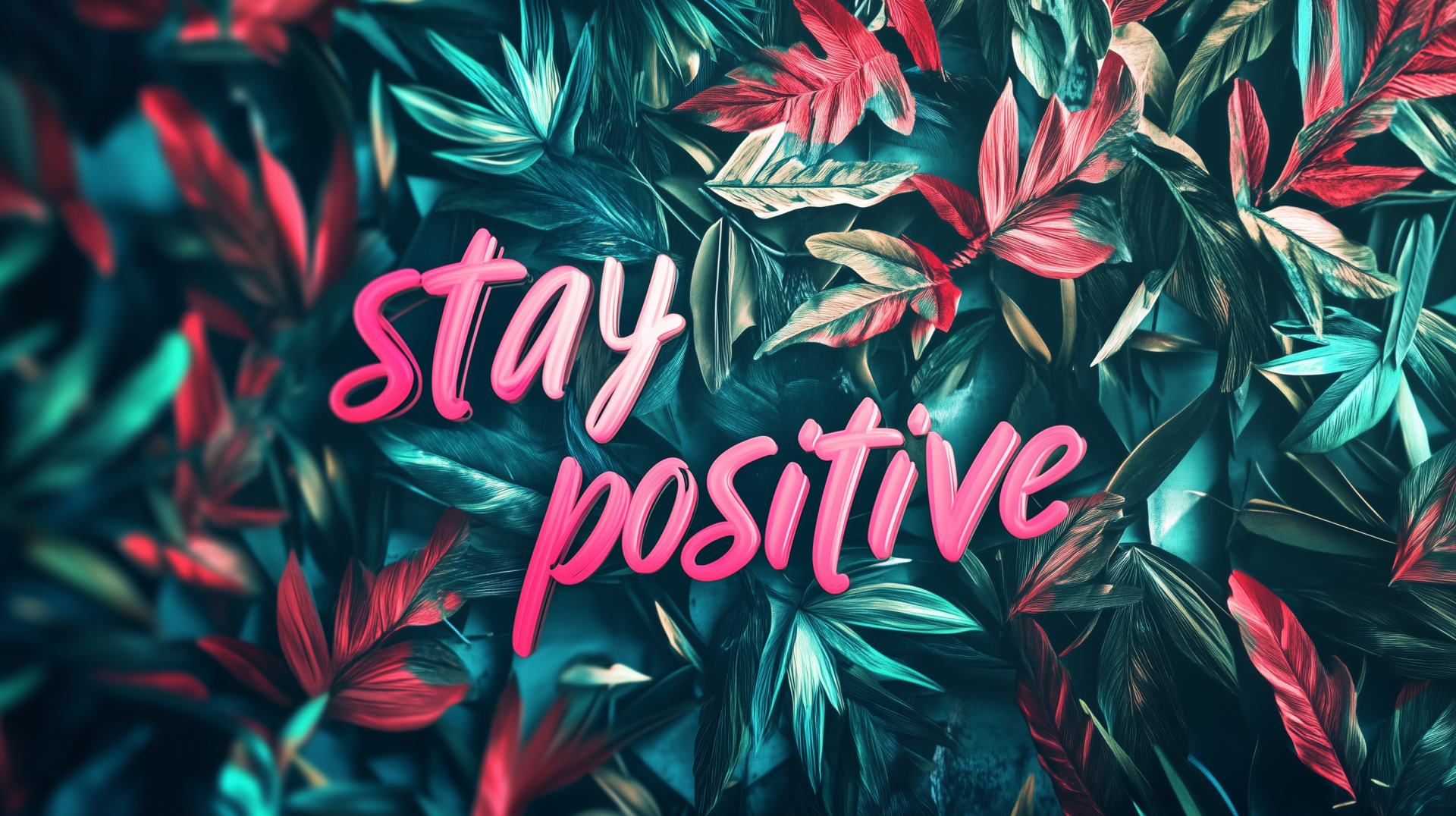 A vibrant HD desktop wallpaper featuring lush leaves in shades of green and pink, emblazoned with the motivational quote stay positive.