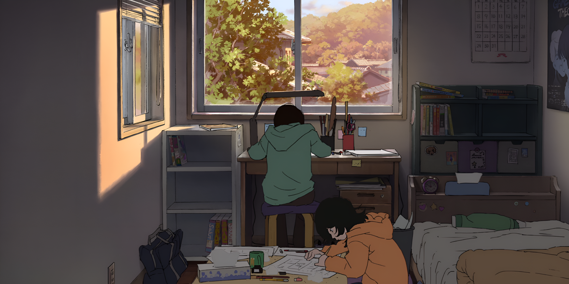 HD PC desktop wallpaper from the anime movie Look Back, featuring Ayumu Fujino and Kyomoto studying in a sunlit room with a scenic view outside the window.