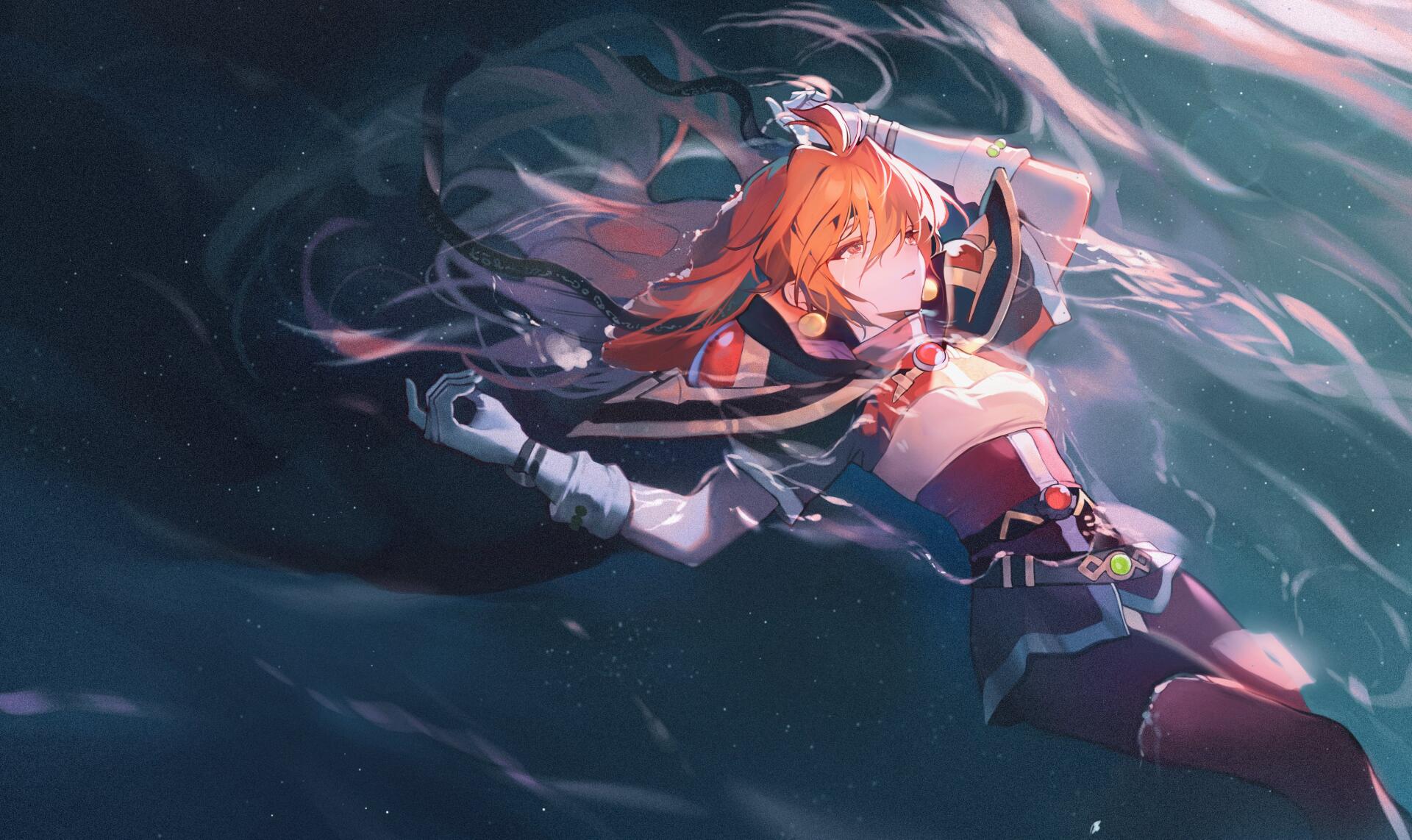 HD anime desktop wallpaper featuring Lina Inverse from Slayers, depicted floating peacefully in water with detailed lighting and vibrant colors.