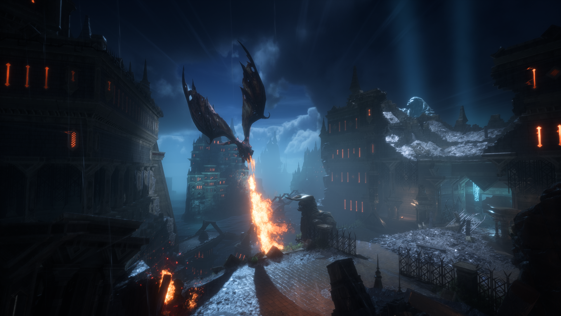 A dramatic scene from the video game Dragon Age: The Veilguard, featuring dragons soaring over a dark, mystical landscape illuminated by flames and atmospheric lighting.